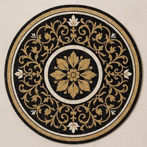 以下が含まれることがあります： 黒と金のモザイクタイルの床のメダリオンで、花柄のデザインが施されています。メダリオンの中央には、小さな花柄の円があり、その周りを大きな花柄が囲んでいます。