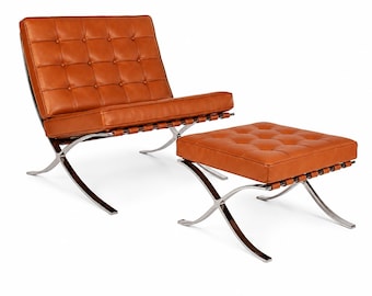 Premium Barcelona Chair & Ottomane Replik | Mies van der Rohe inspiriertes Lounge Set | Echtleder Mid Century Modern Möbel