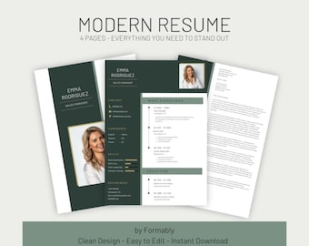 Plantilla de CV profesional / CV limpio en verde y dorado / Editable en Canva / Incluye carta de presentación / Moderno / 1 página / Descarga digital