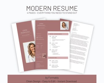 Plantilla de CV rosa suave / CV editable en Canva / Carta de presentación incluida / CV de 1 página / Descarga instantánea