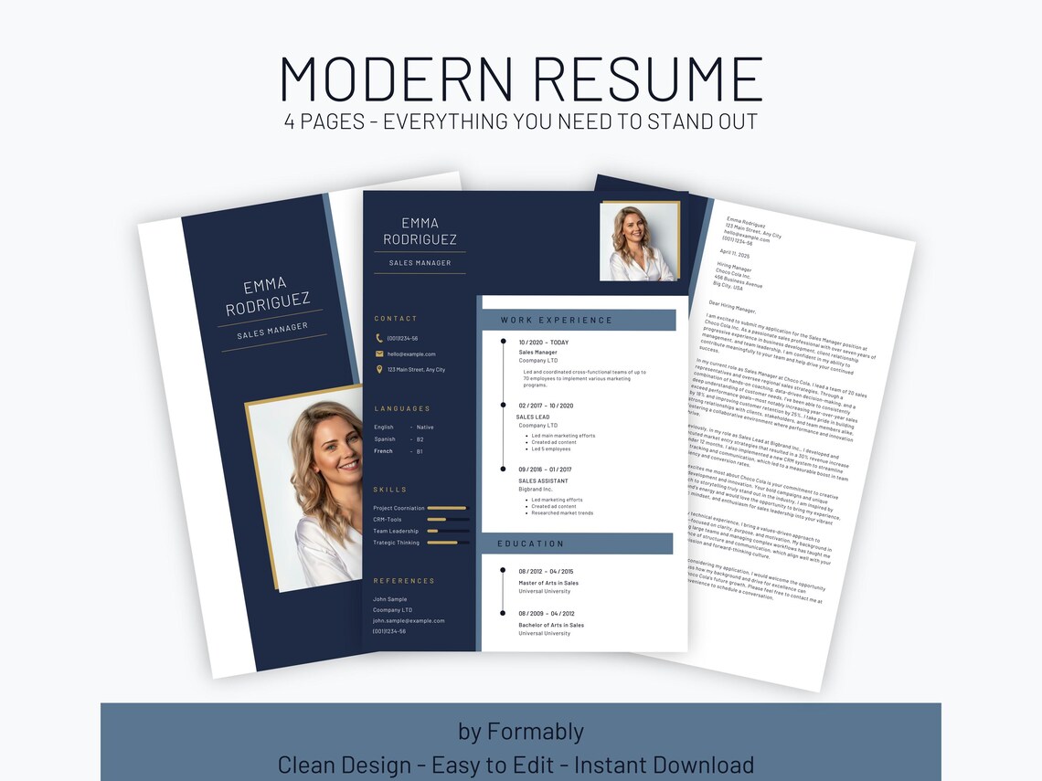 Modern Resume Template | Deep Blue Gold CV | Canva Editable | Ats ...
