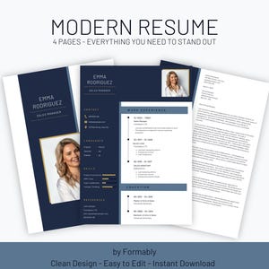 May include: A modern resume template with a blue and white color scheme. The template features a photo of a woman, a contact section, work experience, education, and a skills section. The text "MODERN RESUME" is at the top of the page.