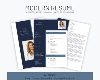Plantilla de CV moderna / CV en azul profundo y dorado / Editable en Canva / Compatible con ATS / Carta de presentación