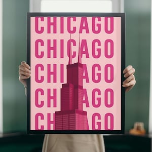 Pink Chicago Wall Art | Sears Tower Digital Print | Modern City Typography Poster | Printable Urban Decor