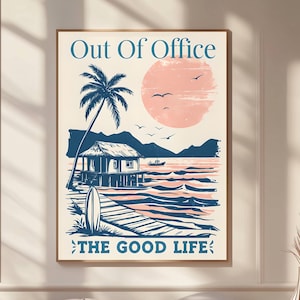 Póster vertical relajante con temática de playa, decoración para estar fuera de la oficina, arte mural de buena vida, impresión con ambiente costero, inspiración para las vacaciones.