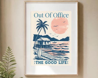 Retro Tropical Beach Art – Out of Office Vacation Print (Digital Download)