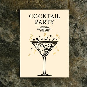 Convite para coquetel, modelo editável do Canva, arte de linha com música, confete e garrafa, convite para Martini, convite para Martini e música