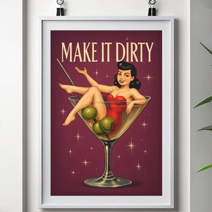 Zrób to brudne Pin-Up Wall Art – Retro Cocktail Printable – Martini Bar Cart Decor – Sexy Vintage Digital Poster Download