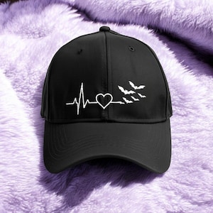 Spooky Bat Hat, Halloween Dad Cap, Embroidered EKG Bat Baseball Hat, Funny Spooky Cotton Cap, Adjustable Unisex Halloween Hat