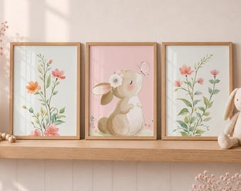 Bunny Nursery Wall Art Set of 3, Pink Rabbit Prints, Floral Baby Girl Decor, Pastel Nursery Art, Digital Download
