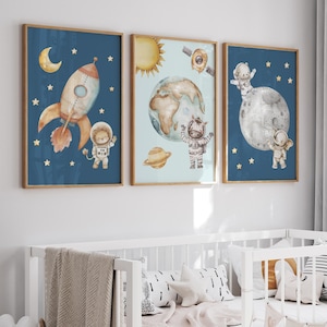 Arte de pared para habitación infantil con temática espacial, impresiones de acuarela de safari, decoración para habitación de niño azul marino