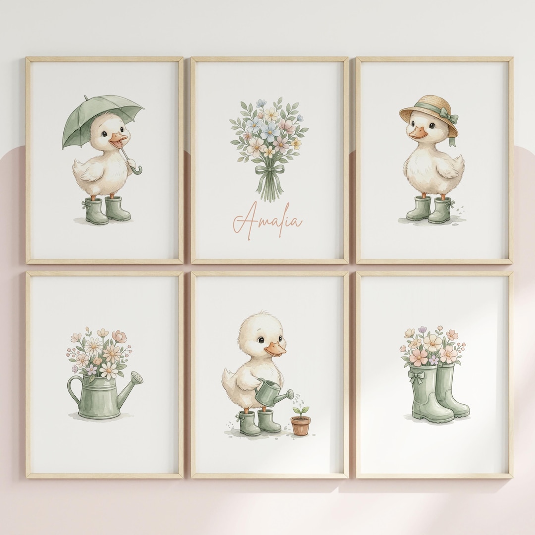 Baby Girl Duck Nursery Wall Art Set, Sage Green Spring Prints, Duckling ...