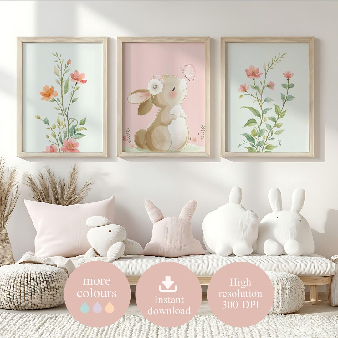 Pink Boho Bunny Nursery Wall Art, Set of 3 Floral Prints, Baby Girl ...