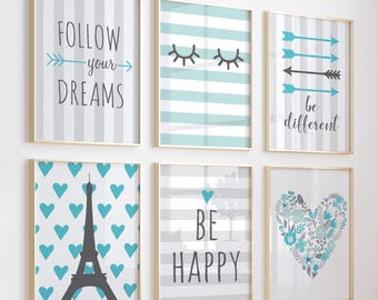 Paris Wall Art Set of 6, Eiffel Tower Prints, Girls Room Decor, French Nursery Art