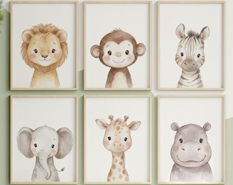 May include: A set of six framed wall art prints featuring watercolor illustrations of a lion, monkey, zebra, elephant, giraffe, and hippo. Each animal is depicted in a soft, neutral color palette with a simple light wood frame border.