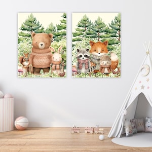 Láminas de animales del bosque para habitación de bebé – Juego de 2 pósteres digitales de descarga – Arte mural de animales del bosque para habitación de bebé