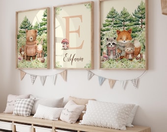 Personalized Woodland Prints Set of 3, Custom Name Forest Animals Wall Art, Baby Nursery Decor, Digital Printable Download