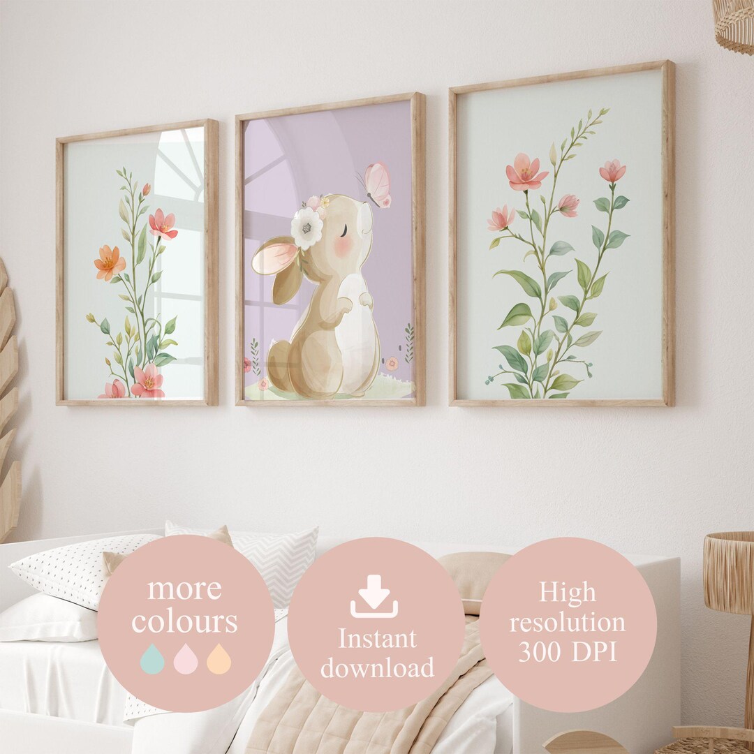Lavender Bunny Nursery Wall Art, Set of 3 Watercolor Floral Prints ...