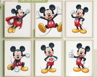 Set de 6 láminas decorativas de Mickey Mouse para pared, decoración infantil de Disney, pósteres imprimibles para habitaciones de niños, decoración para habitaciones de bebés, descarga instantánea.