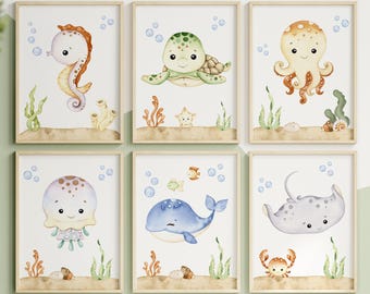Under the Sea Nursery Wall Art, Watercolor Ocean Animals, Set of 6 Prints