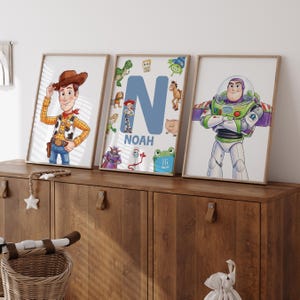 Toy Story 5 Personalized Name Prints Set of 3, Woody Buzz Lily pad Wall Art, Forky Jessie Bullseye Zurg Nursery Decor, Digital Download