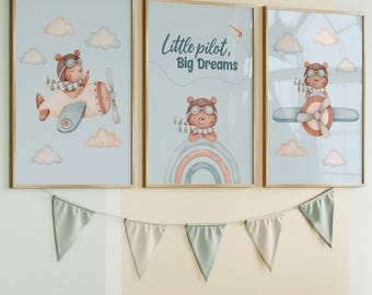 パーソナライズされたパイロットベアの子供部屋プリント、男の子のプレイルームの壁アート、飛行機をテーマにした部屋の装飾、小さなパイロットの大きな夢のポスター、デジタルダウンロード