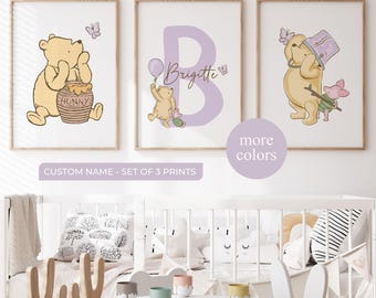 Lavendel Winnie Puuh Kinderzimmer Wand Kunst, Benutzerdefinierte Name Print Set von 3, Baby Mädchen Dekor
