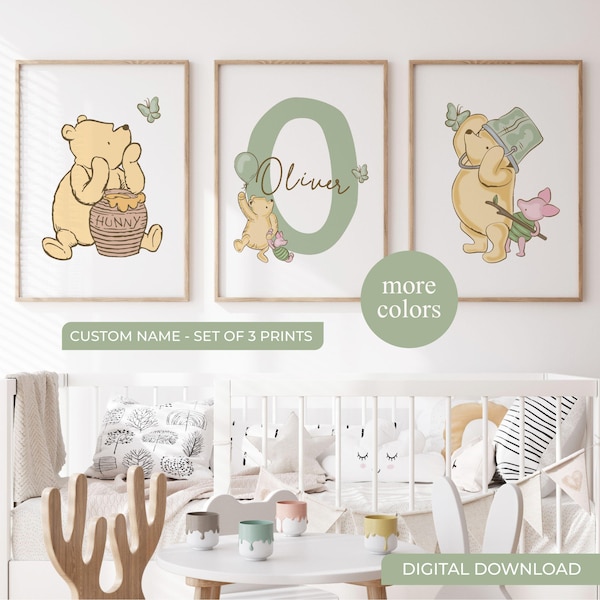 Personalized Sage Green Winnie the Pooh Nursery Wall Art, Custom Baby Boy Name Prints, Digital Download