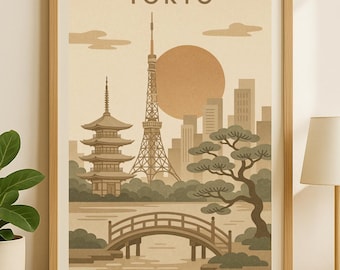 東京デジタルプリント、ヴィンテージ日本都市景観ウォールアート、印刷可能な旅行ポスター、レトロな東京の装飾、日本の風景画ダウンロード