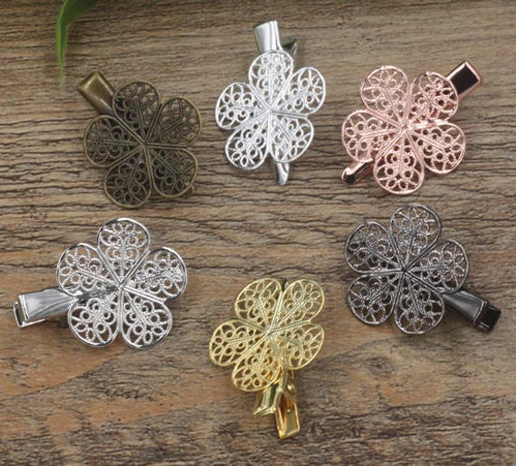 20 Brass Alligator Hair Clips W 25mm Filigree Flower Antique Etsy
