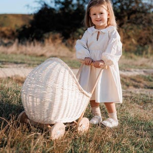 Handmade Wicker Doll Stroller – Boho Nursery Decor – Natural Rattan Toy Cart – Montessori Gift Idea