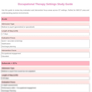 Op de afbeelding: Een roze en witte grafiek met de titel "Occupational Therapy Settings Study Guide". De grafiek somt verschillende soorten ergotherapie-instellingen op, waaronder acute, subacute en ICF's. Elke instelling heeft een sectie voor het type toelating, de duur van het verblijf, de focus van de evaluatie en de focus van de interventie.