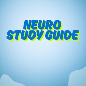 Op de afbeelding: Een lichtblauwe achtergrond met de woorden "NEURO STUDY GUIDE" in grote, vette, blauwe letters met een gele omlijning. De tekst is gecentreerd op de afbeelding.