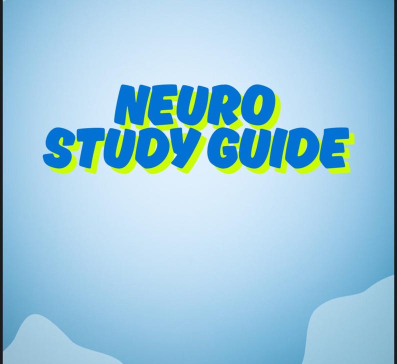 Op de afbeelding: Een lichtblauwe achtergrond met de woorden "NEURO STUDY GUIDE" in grote, vette, blauwe letters met een gele omlijning. De tekst is gecentreerd op de afbeelding.