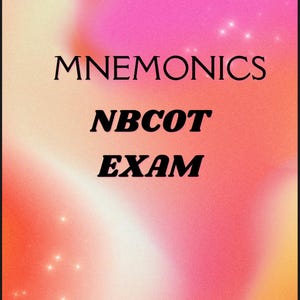 May include: A digital graphic featuring a vibrant pink and orange gradient background with a subtle grainy texture and small white star-like sparkles. The text MNEMONICS is displayed in black, followed by the black italicized text NBCOT EXAM.