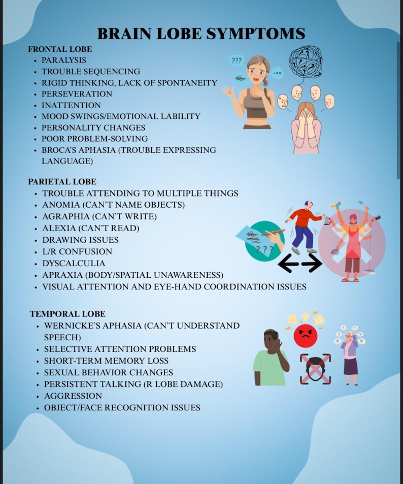 Op de afbeelding: Een educatieve poster getiteld "Hersenkwab Symptomen" geeft symptomen weer die geassocieerd worden met de frontale, pari&euml;tale en temporale kwabben. De poster bevat illustraties van mensen die verschillende symptomen ervaren, zoals verwarring en geheugenverlies.