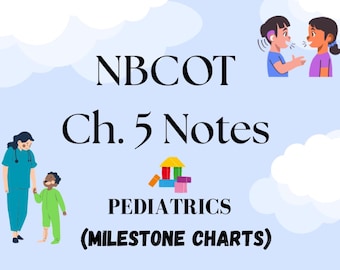 May include: A light blue graphic with the text "NBCOT Ch. 5 Notes" and "Pediatrics (Milestone Charts)". Illustrations include children, a doctor, and building blocks. The background is a light blue sky with white clouds.