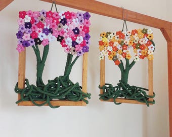 Handmade Macrame Crochet Flower Wall Decor | Boho Floral Art Hanging, Wooden Frame