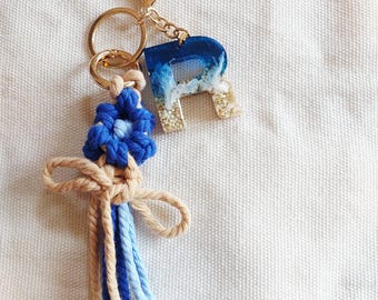 Personalized Ocean Resin Letter Keychain with Macrame | Handmade Initial Keychain | Custom Name Charm | Beach Style Gift