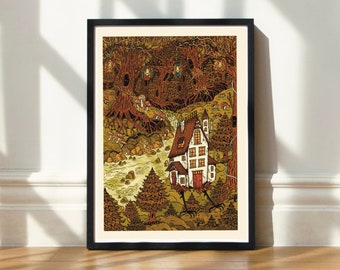 Baba Yaga's House Illustration. Botanical Slavic Folklore Woodland Illustration. Unframed Digital Artwork Home Decor