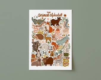 Illustrated Animal Alphabet Art Print A4 Digital Illustration. Whimsical Animal Chart Nursery Art
