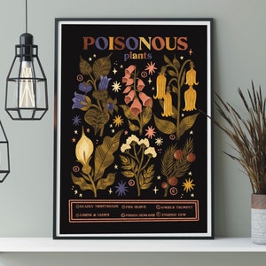 Puede incluir: Un p&oacute;ster negro y dorado con el t&iacute;tulo "POISONOUS plants" e ilustraciones de varias plantas venenosas, incluyendo Belladona, Dedalera, Se&ntilde;ores y Damas, Cicuta, Trompeta de &Aacute;ngel y Tejo.