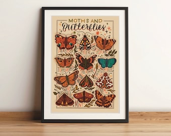 Art Print | Moths and Butterflies Chart | Botanical Illustration and Hand Lettering by Steph Says Hello | UNFRAMED