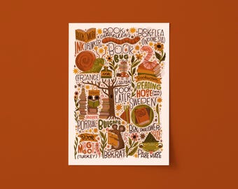 Lámina de Bookworm: Ilustración de lectura escrita a mano (sin marco)