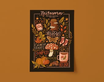 Illustrated Autumn Art Print A4 Digital Illustration. Cottagecore Cosy Fall Illustrated Chart