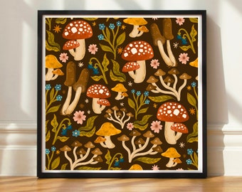 Square Art Print | Illustrated Autumn Woodland Mushroom Pattern Wall Art | Hand Lettering Illustrated Print | UNFRAMED