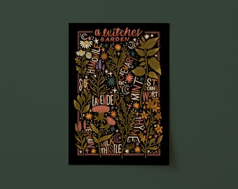Witches Garden Folk Art Plant Chart Digital Print: Botanical Pagan Art Herbology Illustration (A3, UNFRAMED)