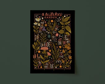 Illustrated Hand Lettered Witches Garden Plant Chart Art Print. Botanical Nature Unframed Digital Illustration