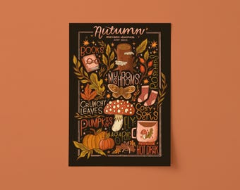 Autumn Illustrated Chart Art Print A3 Digital Illustration. Cottagecore Cosy Fall Illustrated Artwork