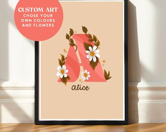 Custom Bespoke Artwork | Illustrated Initial and name | cute aesthetic hand lettering and illustration | Made to Order | Nursery Art Wedding